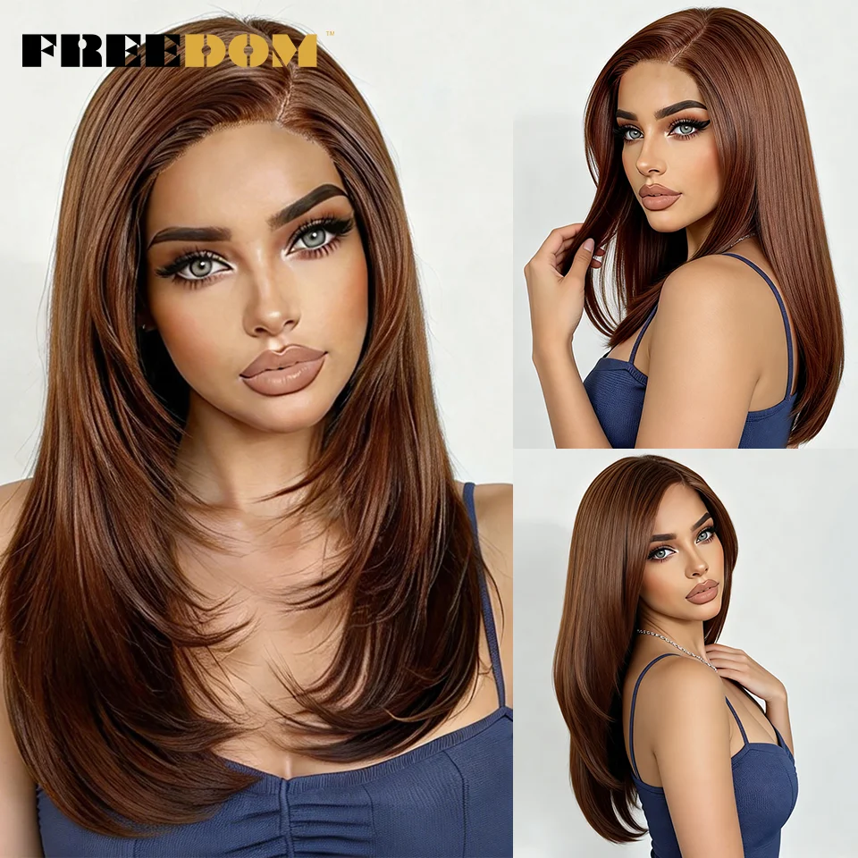 Synthetische Lace-Front-Perücken für Frauen, 18 Zoll, Seitenscheitel, vorgezupfte, gerade, geschichtete Lace-Perücke, Ombre Braun Blond, Perücke für den täglichen Gebrauch – Detail 11