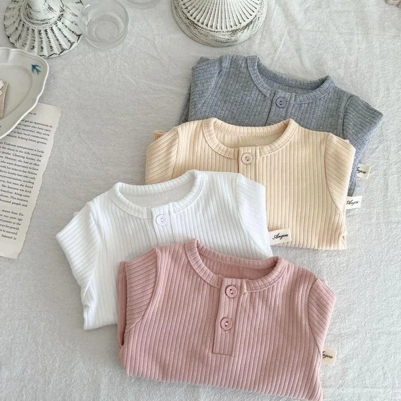 Baby Spring Autumn Ribbed Cotton Blend Round Neck Tee Unisex Infant Toddler Long Sleeve Solid Soft Basic Casual Top Daily Shirt