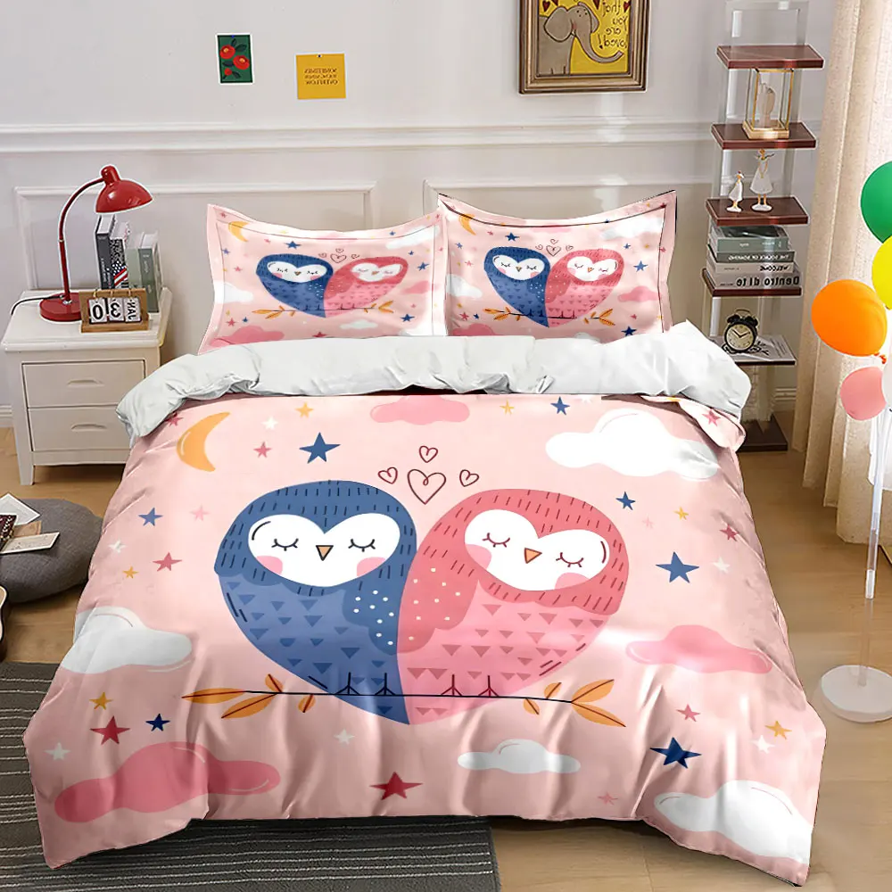 Cute owls on pink background Print Soft Comfortable Duvet Cover Bedding Set Included 1*Duvet Cover  2*Pillowcases