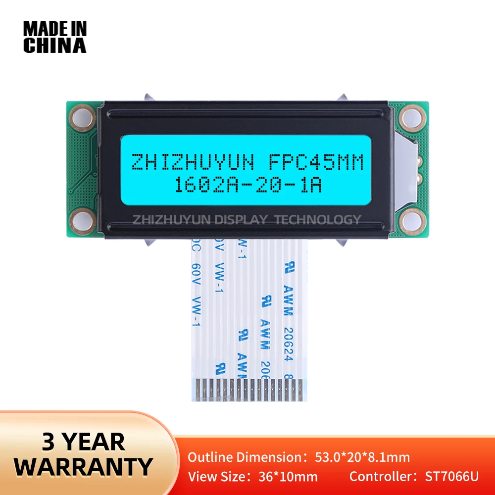 Factory Price FPC45Mm LCD Module Ice Blue Gray Film With Black Letters 16X2 Dot Matrix Characters LCM1602A-20-1A Display Module