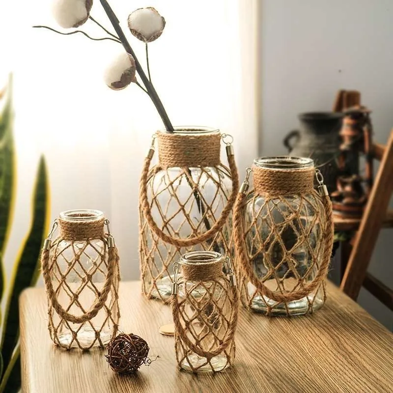 

Vintage Hydroponic Vase Creative Handmade Woven Mesh Bag Transparent Glass Vase for Wedding Party Home Decoration Festival Gift