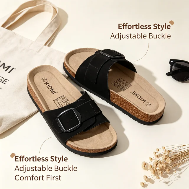 Shevalues Genuine Suede Sandals for Women Comfort Cork Footbed Slippers Summer Adjustable Buckle Beach Slides with Arch Support