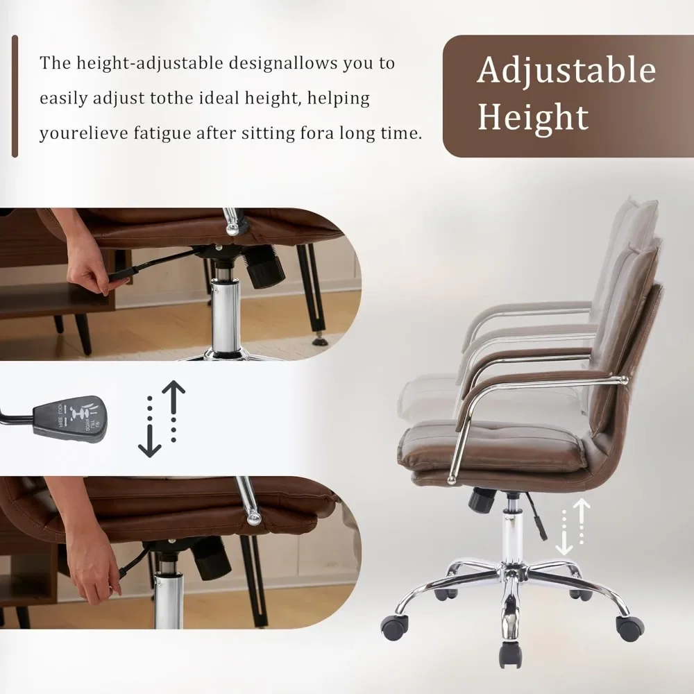 كرسي مكتب جلدي مريح متوسط الظهر، كرسي مكتب تنفيذي منجد حديث مع مسند ذراع بإطار ذهبي كرسي مهام للكمبيوتر (Br) #5