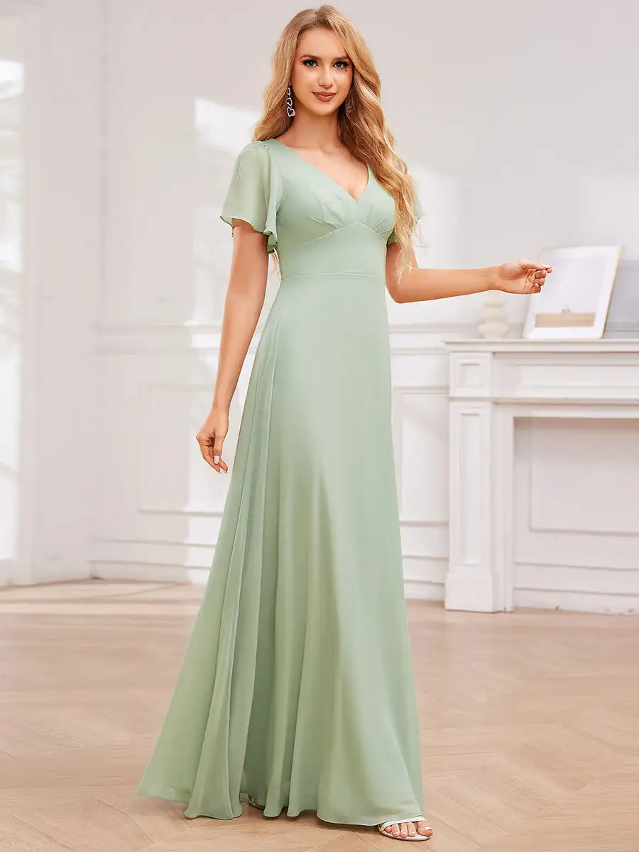 Elegant Evening Dresses Bandage Backless Ruffles Sleeve Floor Length 2024 Ever Pretty of Chiffon  Mint Green Bridesmaid dress