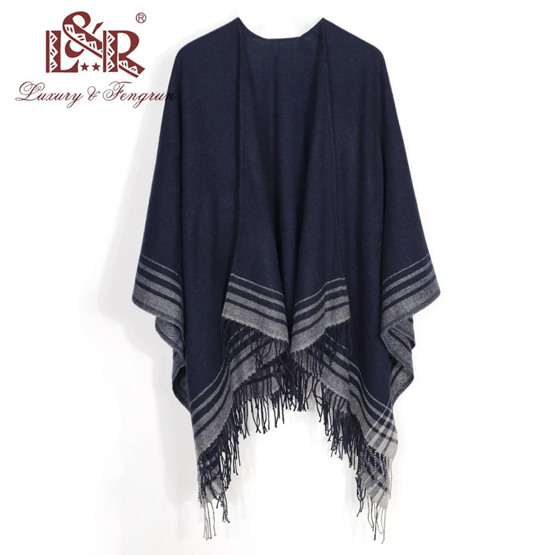 Fashion Stole Real Wool Knitted Poncho Wraps Pashmina Women Winter Scarf Striped Tassel Sweater Warm Shawl Scarves for Ladies