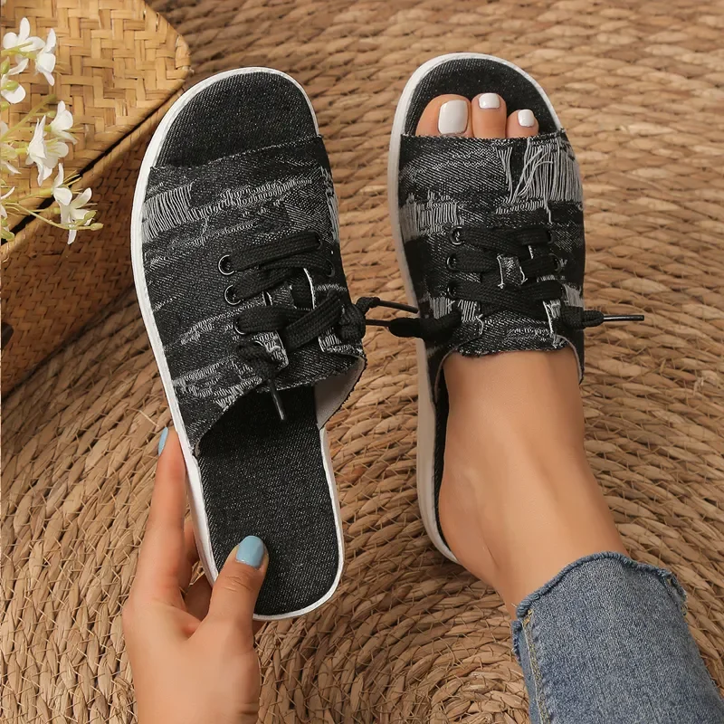 Stylish Washed Denim Mule Shoes Woman Casual Open Toe Sneaker Sandals Ladies Brand Design Summer Sporty Canvas Slide Slippers