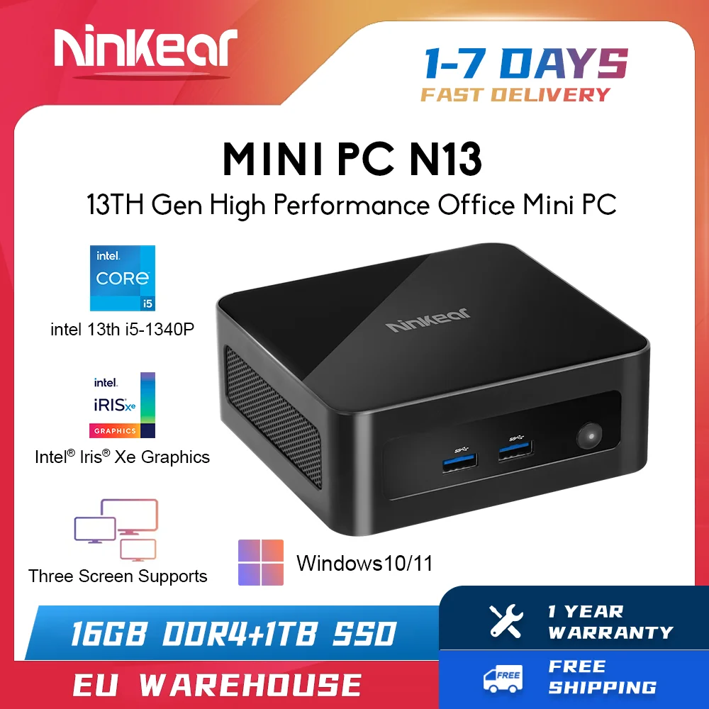 Ninkear-Mini PC Intel Core i5-1340P, N13, até 4.6Ghz, 16GB DDR4, 1T SSD, Windows 10, 11, WiFi, 6, Suporte 4K, 3 Ventilador de Exibição, arrefecimento