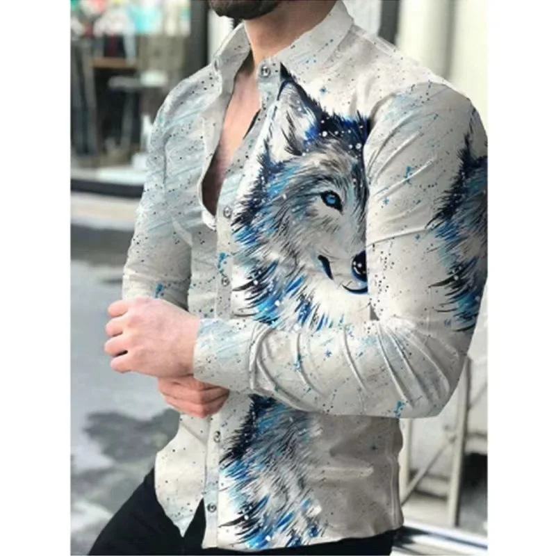 Camisa Material Macia e Confortável Masculina, Top Elegante, Lapela de Botão, Leão, Tigre, Águia, Padrão Animal HD, Novo Estilo, 2024