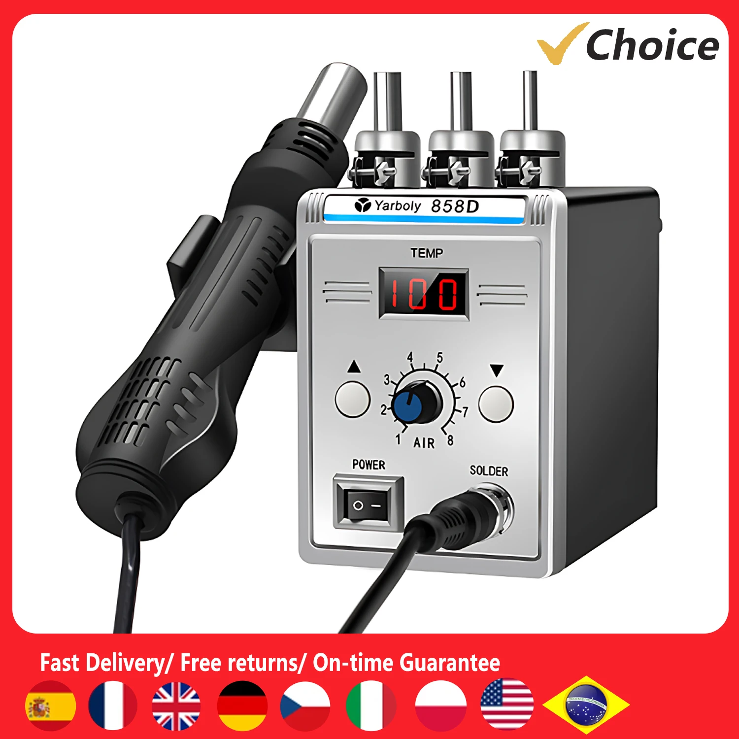 

858D Soldering Station with Hot Air Gun and 3 Nozzles Digital LCD Display 700W Soldering Iron Kit Temperature and Air Volume