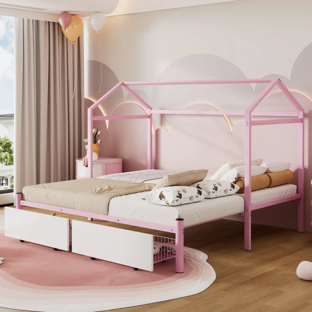 

Metal Twin XL to King Size House Platform Bed with Drawers for Kids and Adults, Twin-XL Children Beds