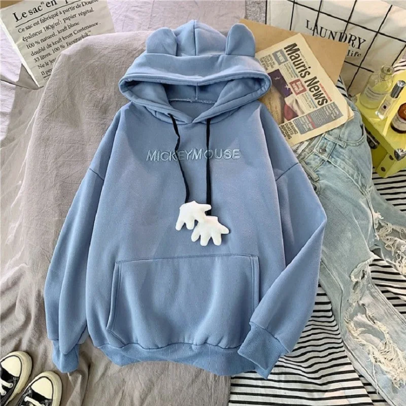 

2024 Animal Ear Street Style Sweatshirt Female College Plush Pullover Autumn Women Solid Color Casual Loose Winter Hoodies Tops