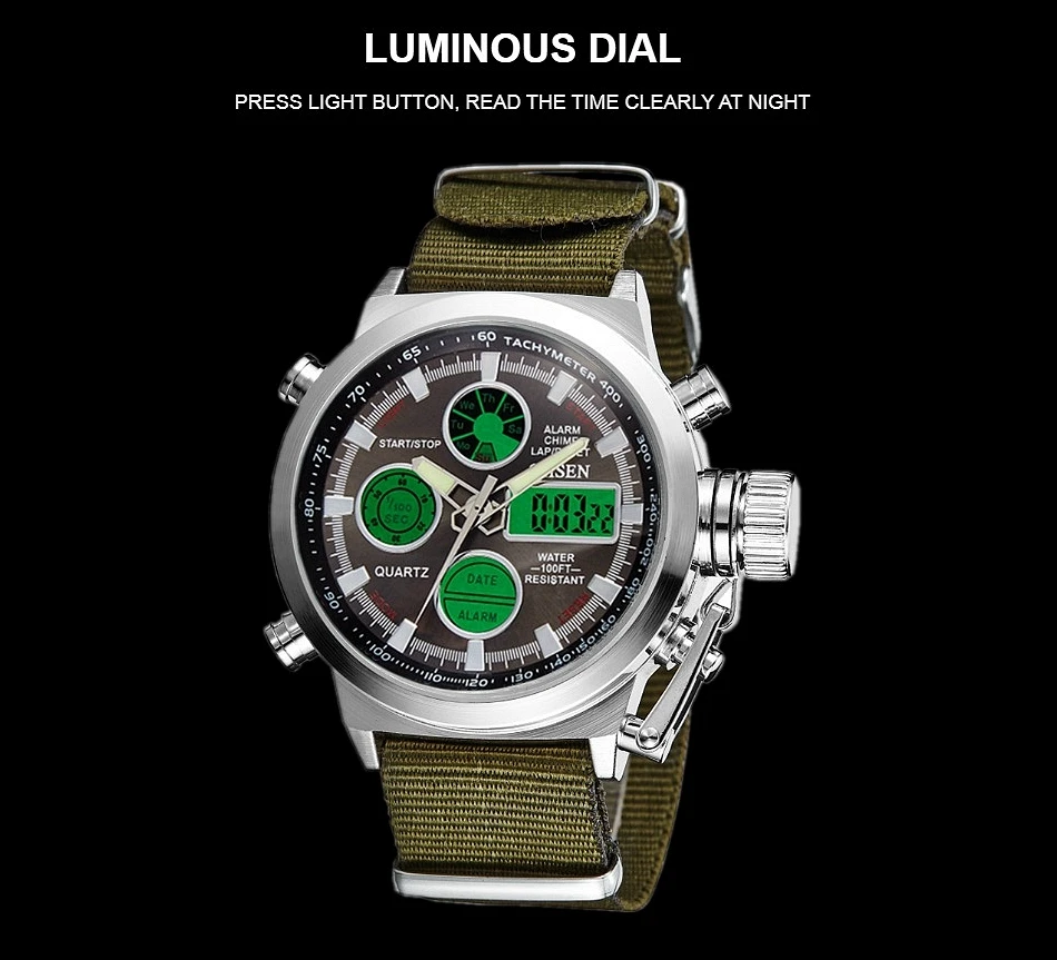 Fashion Sport Quartz Watch Men Dual Time Waterproof Military Wristwatch Green Tactical Digital Watches Alarm Clock reloj hombre