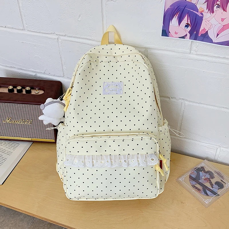 Modischer Rucksack, Damen-Schulrucksack mit Polka-Dot-Muster, süßer Spitzenbesatz, koreanischer leichter Schulrucksack mit großer Kapazität für Mädchen und Studenten – Detail 21