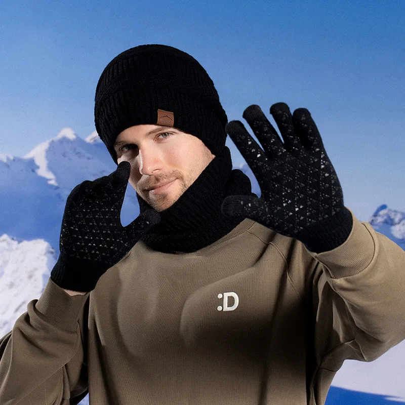 Men Knit Set Slouchy Beanie Hat Neck Gaiter Touch‑Screen Gloves Plush Lined Warm Leather Label Cap for Cycling Cold Outdoor Wear