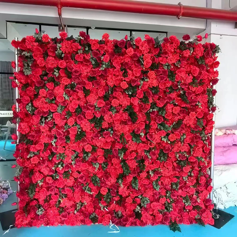 Customized wedding decoration roll up fabric flower wall backdrop artificial silk red rose flower wall