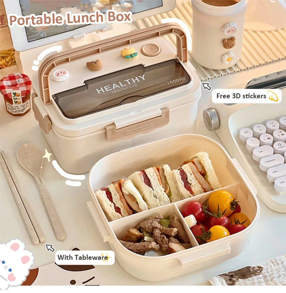 Cute Portable Lunch Box With Compartment For Girls School Kids Plastic Picnic Bento Box Microwave Food Storage Containers