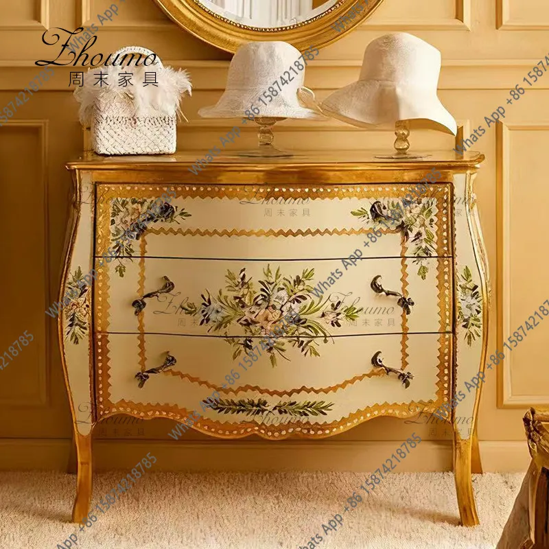 French light luxury carved three-bucket cabinet medium antique style old receipt drawer cabinet simple bedroom storage cabinet