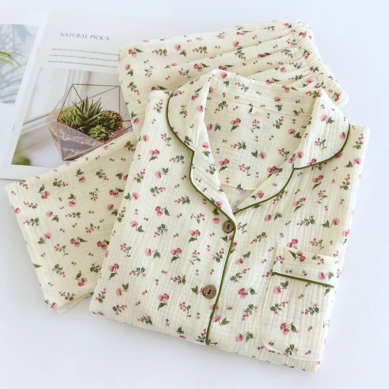 

2026 Spring and Autumn Women's Pajama Set 100% Cotton Crepe Long sleeved Pants Two piece Cute and Sweet Ladies Home Fury Set