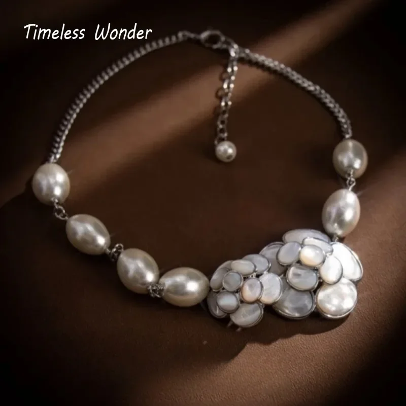 Timeless Wonder Fancy Shell Floral Geo Pearl Chains Necklace for Women Designer Jewelry Trendy Rare Top Sweet Gift Cute 6616