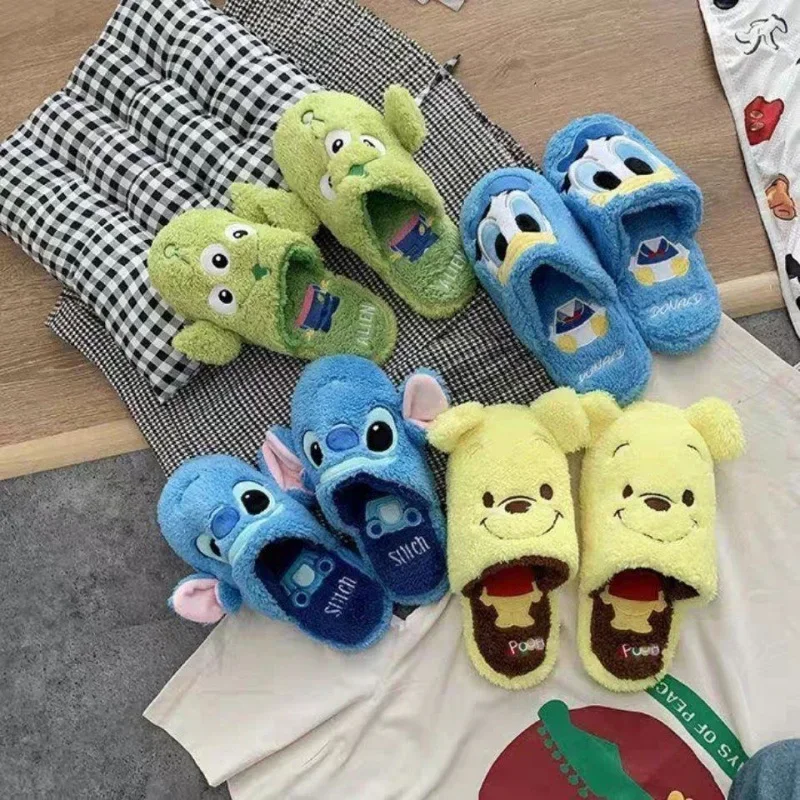 Disney Stitch Winter Women Slippers Plush Warm Indoor Non-slip Slippers Cartoon Men Fluffy Slides House Couples Cotton Shoe Gift