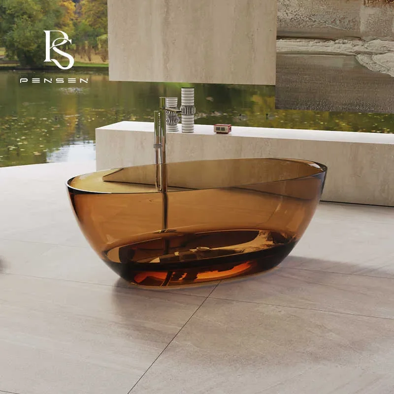 Oval Freestanding Bathtub Transparent Resin Artificial Stone Solid Surface Soaking Tub for Modern Bathroom Spa