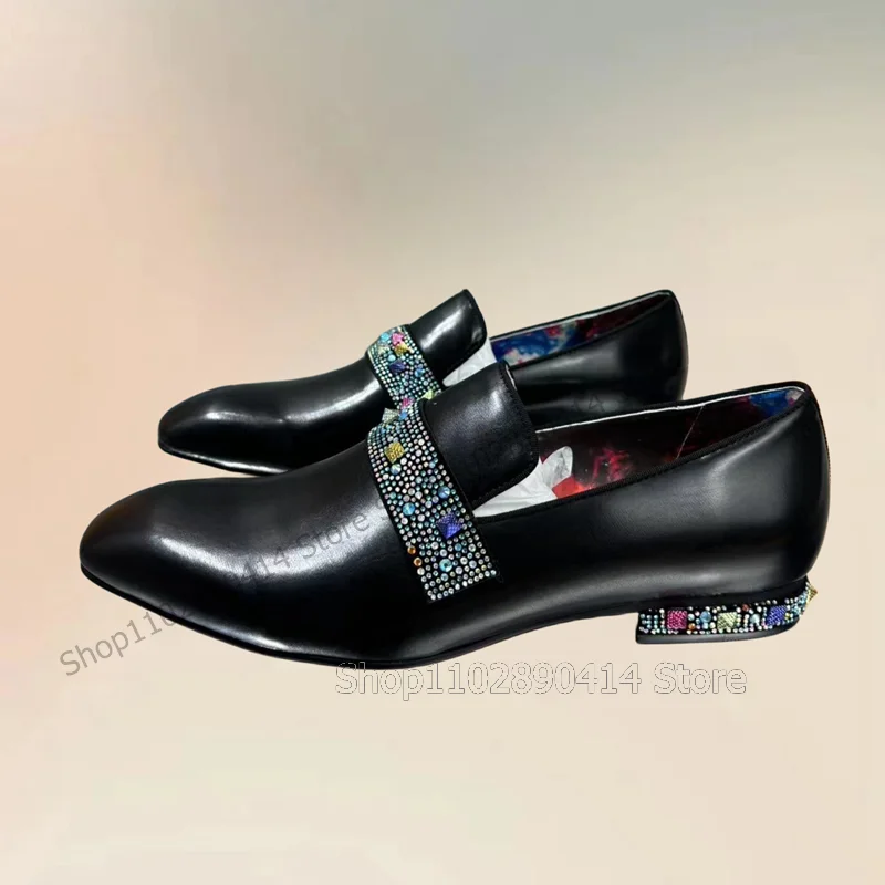 Mocasines coloridos con remaches de diamantes de imitación para hombre, zapatos de vestir con punta cuadrada negra, sin cordones, lujosos, hechos a mano, para fiesta y boda