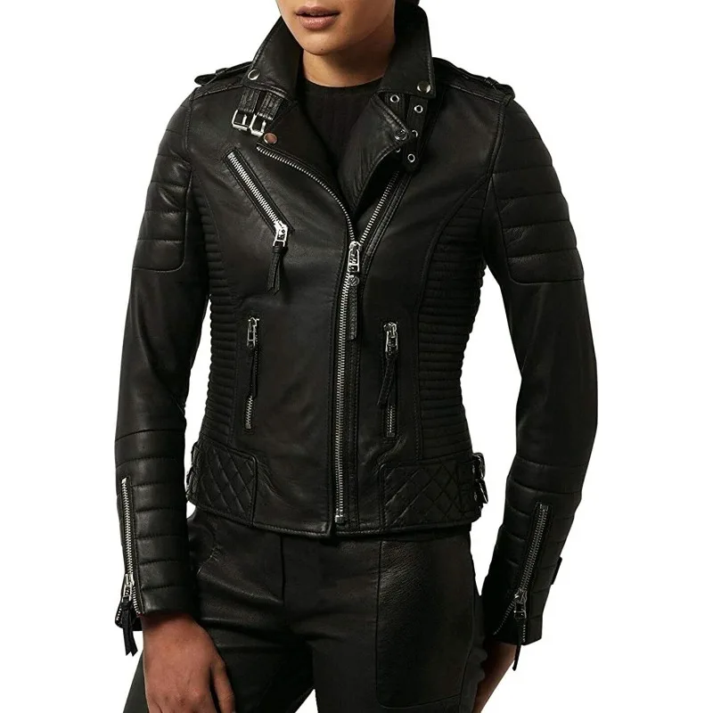 Women's NEW Winter Leather Jacket Real Genuine Lambskin Rider Quilted Black Coat