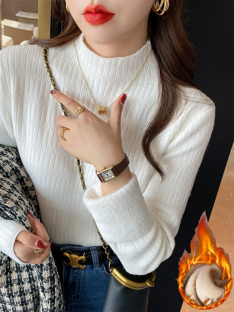 Autumn Winter Turtleneck Sweater Women Elegant Thicken Velvet Lined Warm Sueter Fleece Knitted Pullover Slim Knitwear Jumper