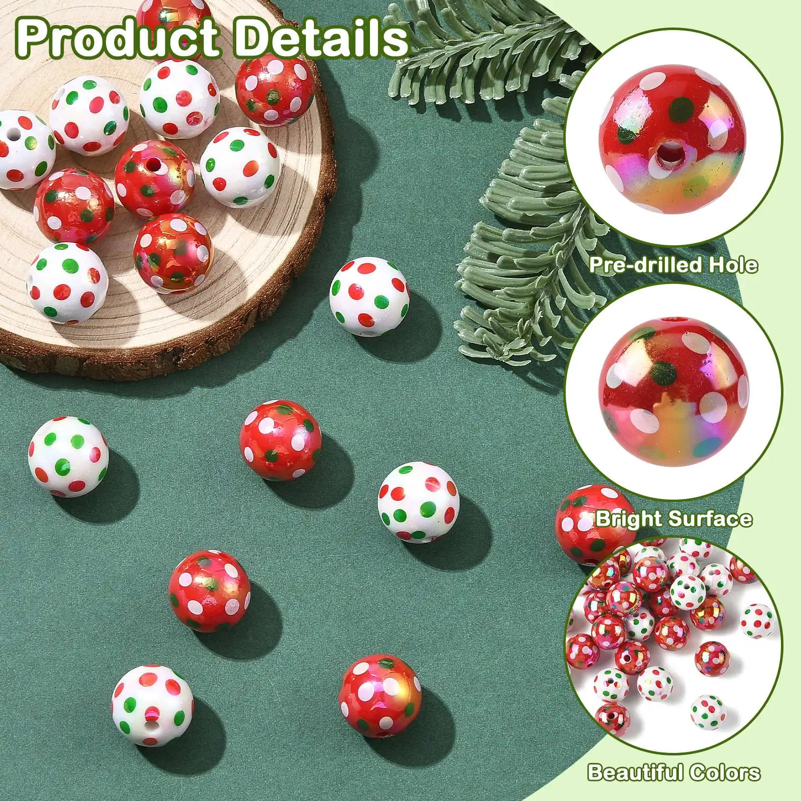 PandaHall 30 Stück UV-beschichtete, schillernde Acryl-Weihnachtsperlen, rund, gepunktet, mehrfarbig, 16 mm, für DIY-Schmuckherstellung – Detail 6