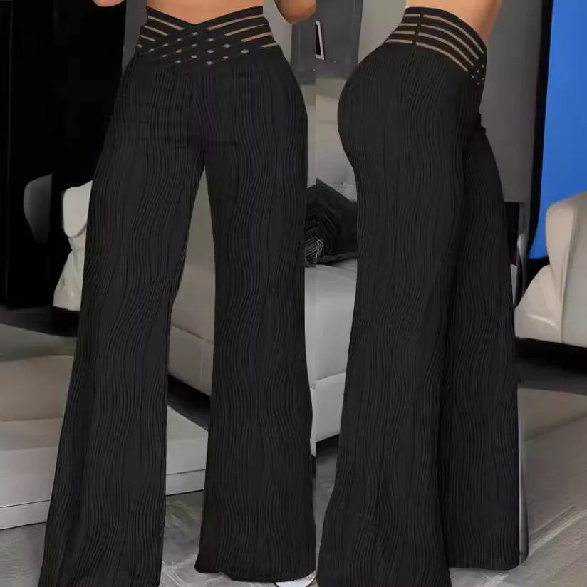 

Женские летние брюки с перекрестными текстурированными вставками из сетки, элегантные расклешенные брюки с высокой талией для работы