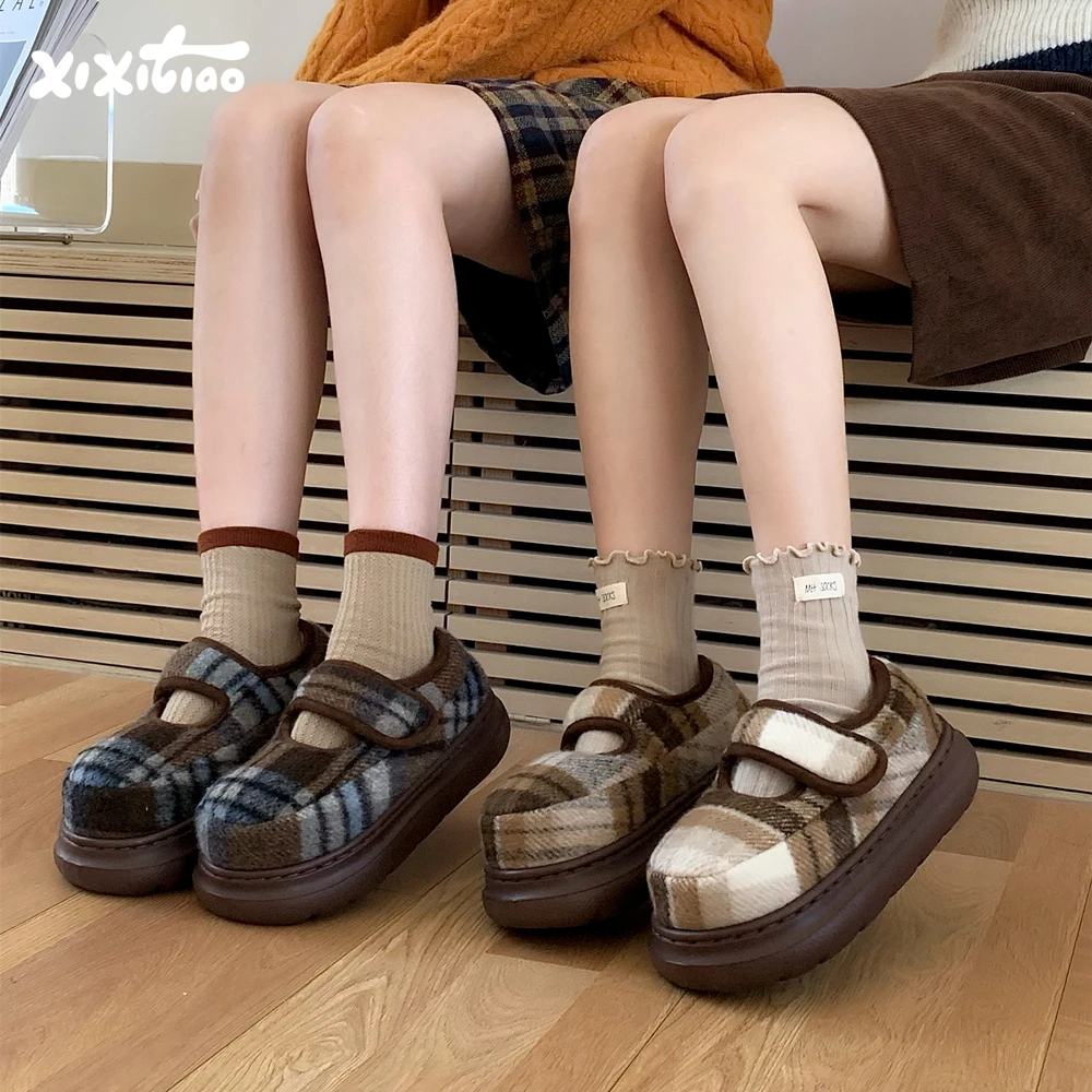 Retro a cuadros Magic Sti Bean oes mujer Otoño Invierno antideslizante Thi Bot Fce Mary Jane pan algodón oes