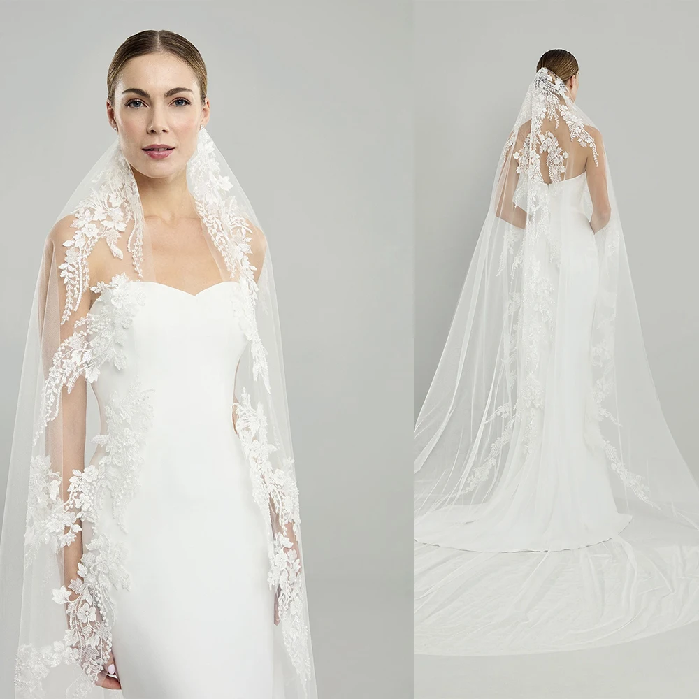

Simple Wedding Veil For Women Appliques lace Pearls Long Special Cut Royal Bridal Veil with Comb Wedding Accessories Customized