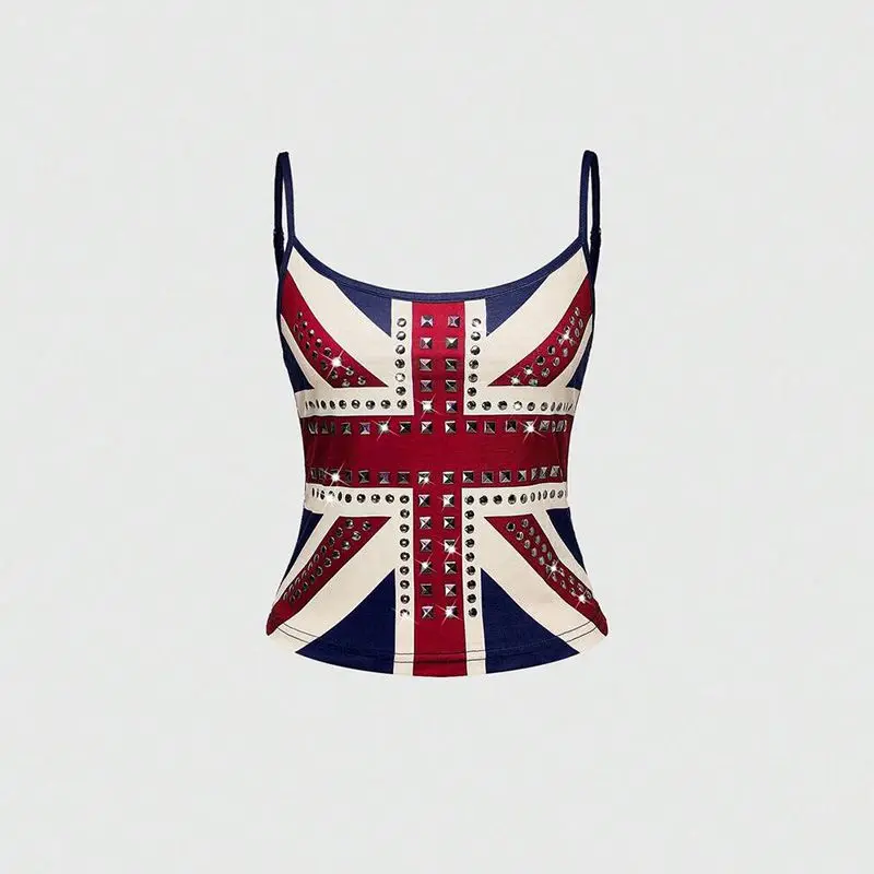 Y2k Vest Full Cross Splicing Pattern Spicy Girls Trend Necessary Slim Fit Vest Rivet Design Cool Punk Style Color Blocking