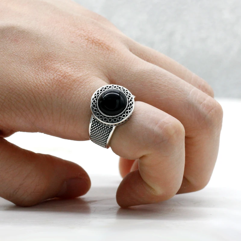 خاتم العقيق الطبيعي للرجال 925 فضة دائري أسود الأحجار الكريمة خمر خاتم المرأة أنيقة Türkiye الفضة والمجوهرات الرائعة