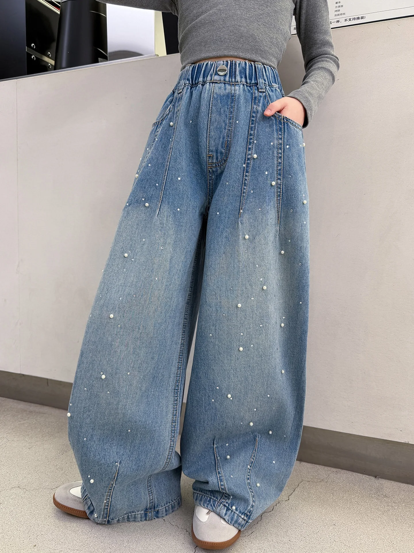 

Spring Faion Pearl Embellied Denim Pants for Girls Comfortable Flexible Loose Fit Jeans Ele Trendy Children's Clothing