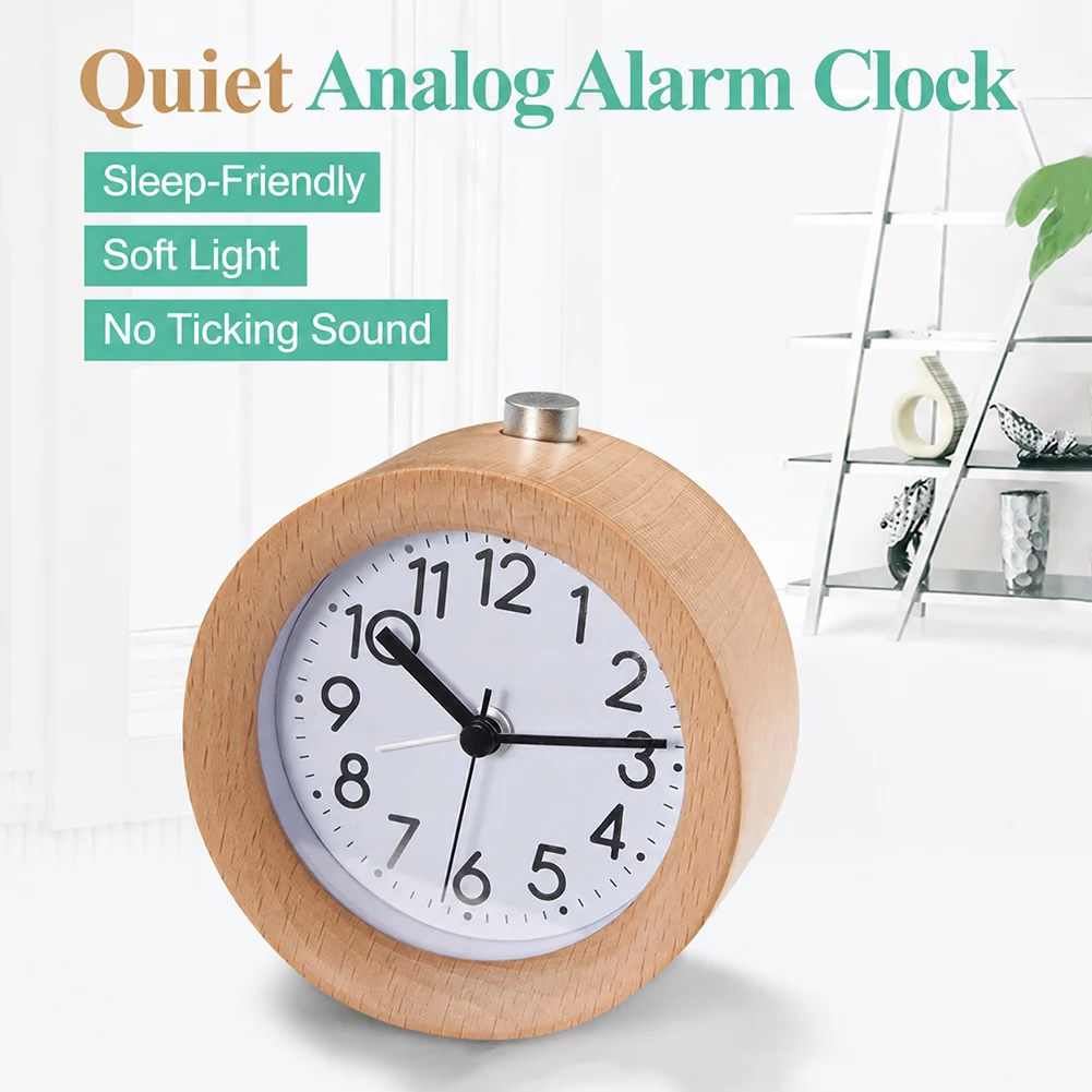 Simple Wooden Analog Alarm Clock Silents Table Clock With Backlight Easy-To-Read Design With Gentle Night Light For Nightstand