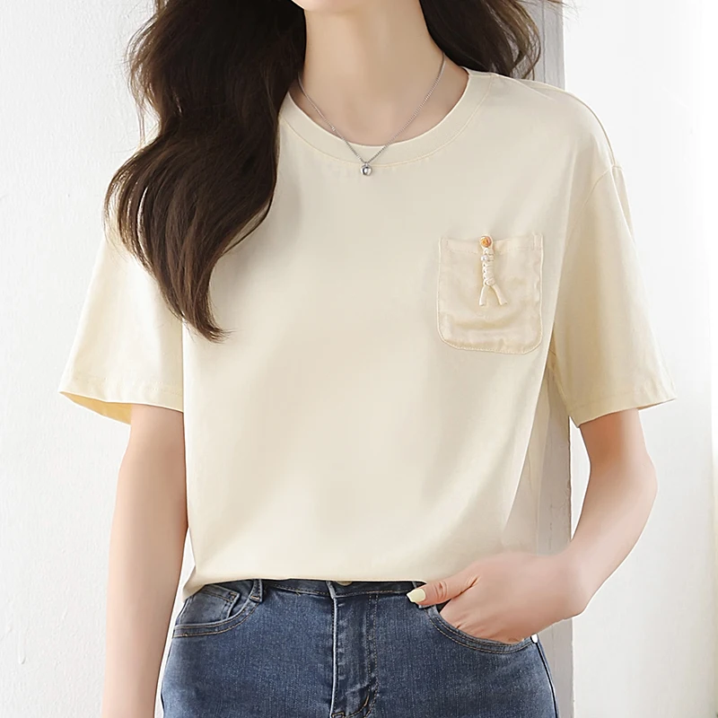 New Chinese Style O-Neck Short Sleeve Loose Casual Tops Women Oversized Pocket Solid Color Apricot T-Shirts Girls Streetwear