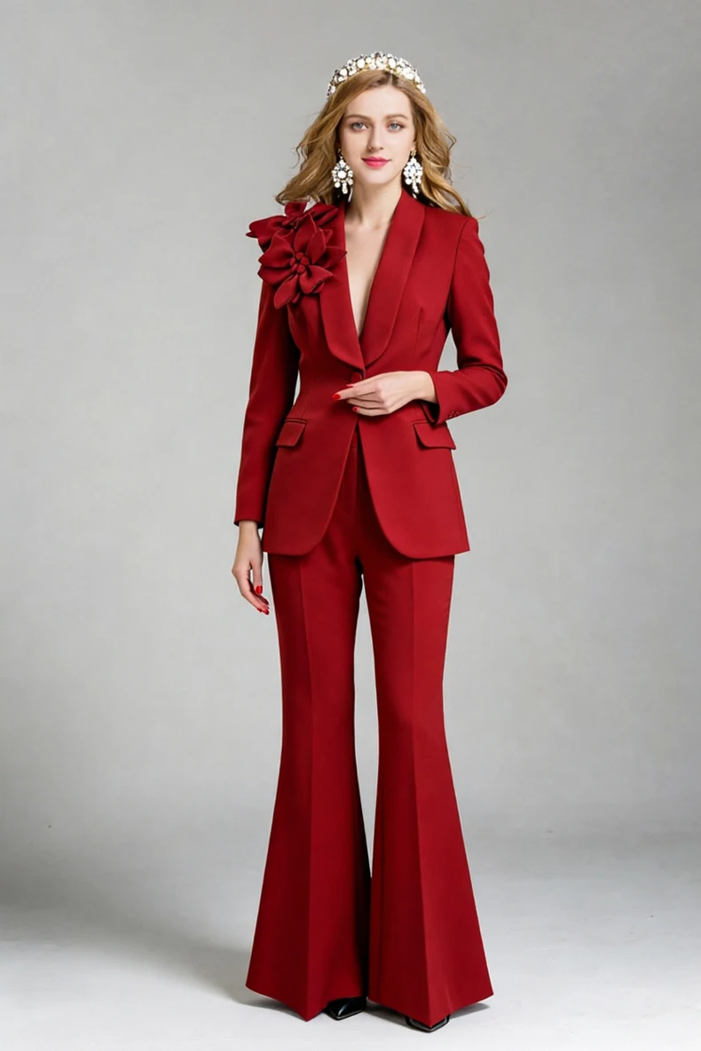 Women's Red Blazer & Flare Pants Set - Notched Lapel Long Sleeve Suit with 3D Floral Applique - Elegant Office Workwear Outfit