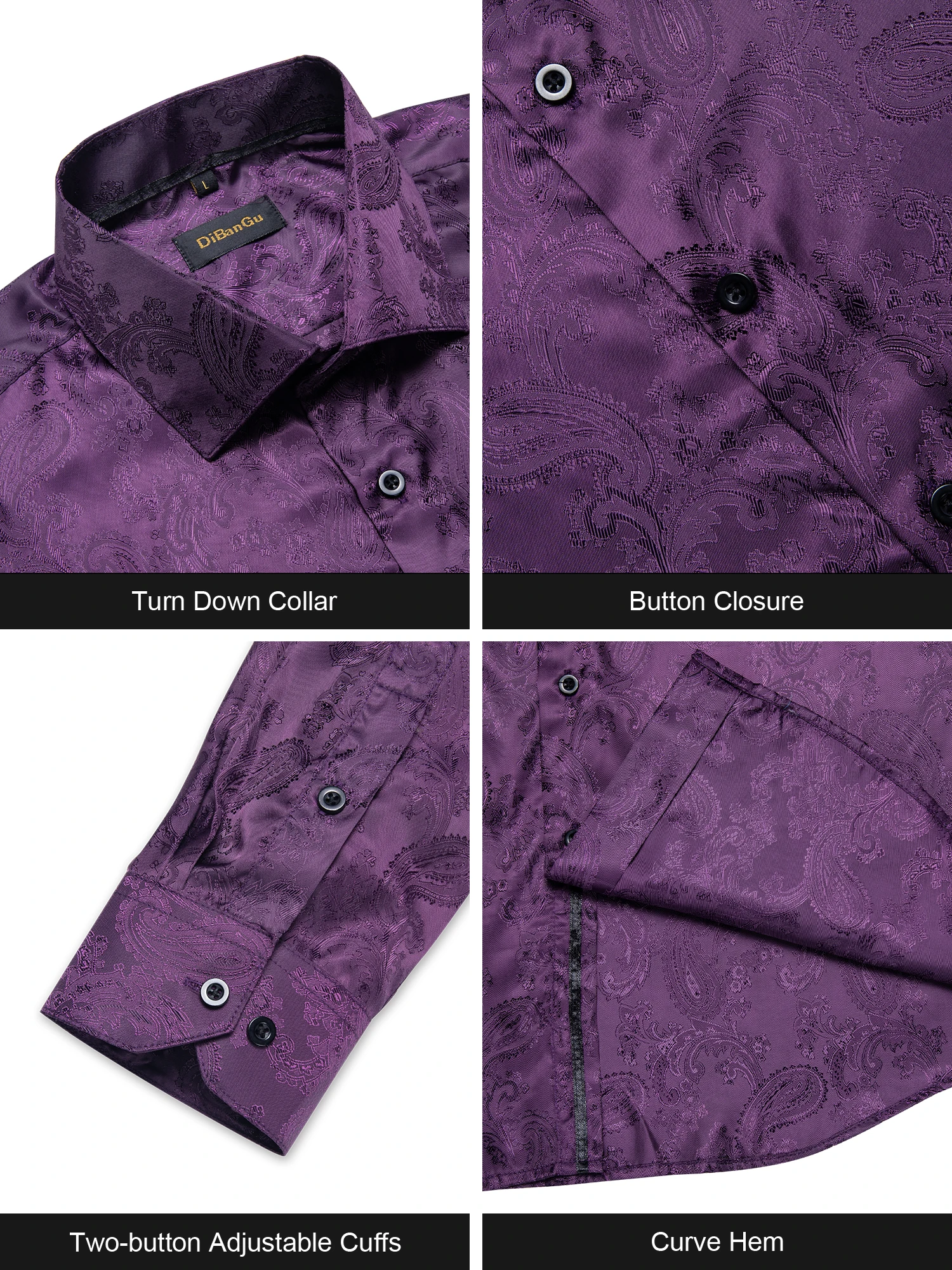 New Arrival Men's Thin Shirts Silk Long Sleeve Summer Spring Paisley Plum Purple Business Turn-down Collar Shirt Male Blouses