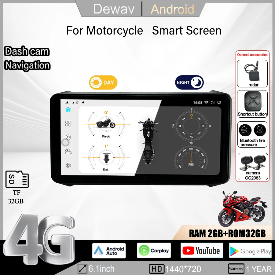 6,1-Zoll-Motorrad 4G Smart Navigation Screen Wireless Carplay IP67 Wasserdichter Android-Videorecorder