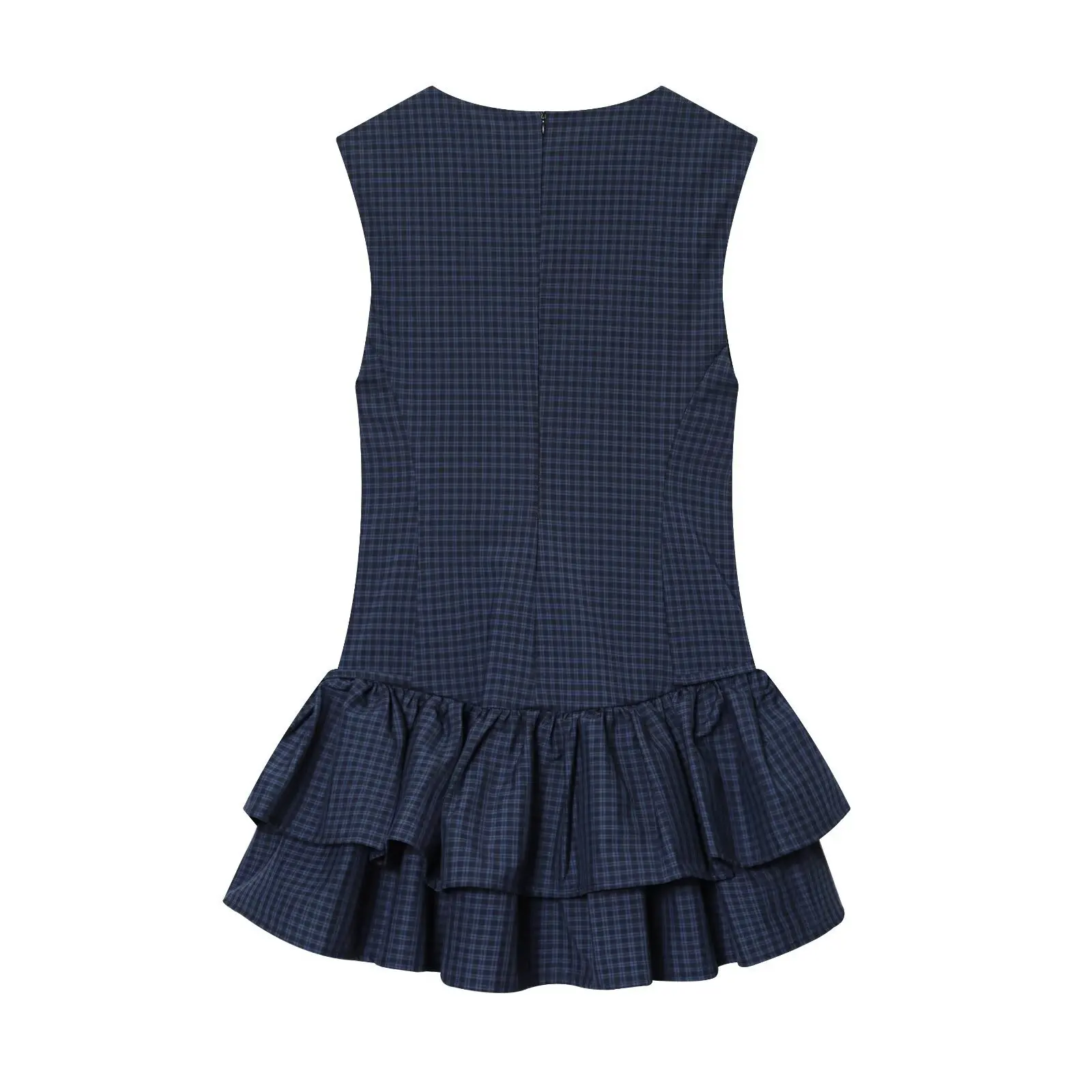 New European and American women's clothing - versatile checked layered decorative short dress