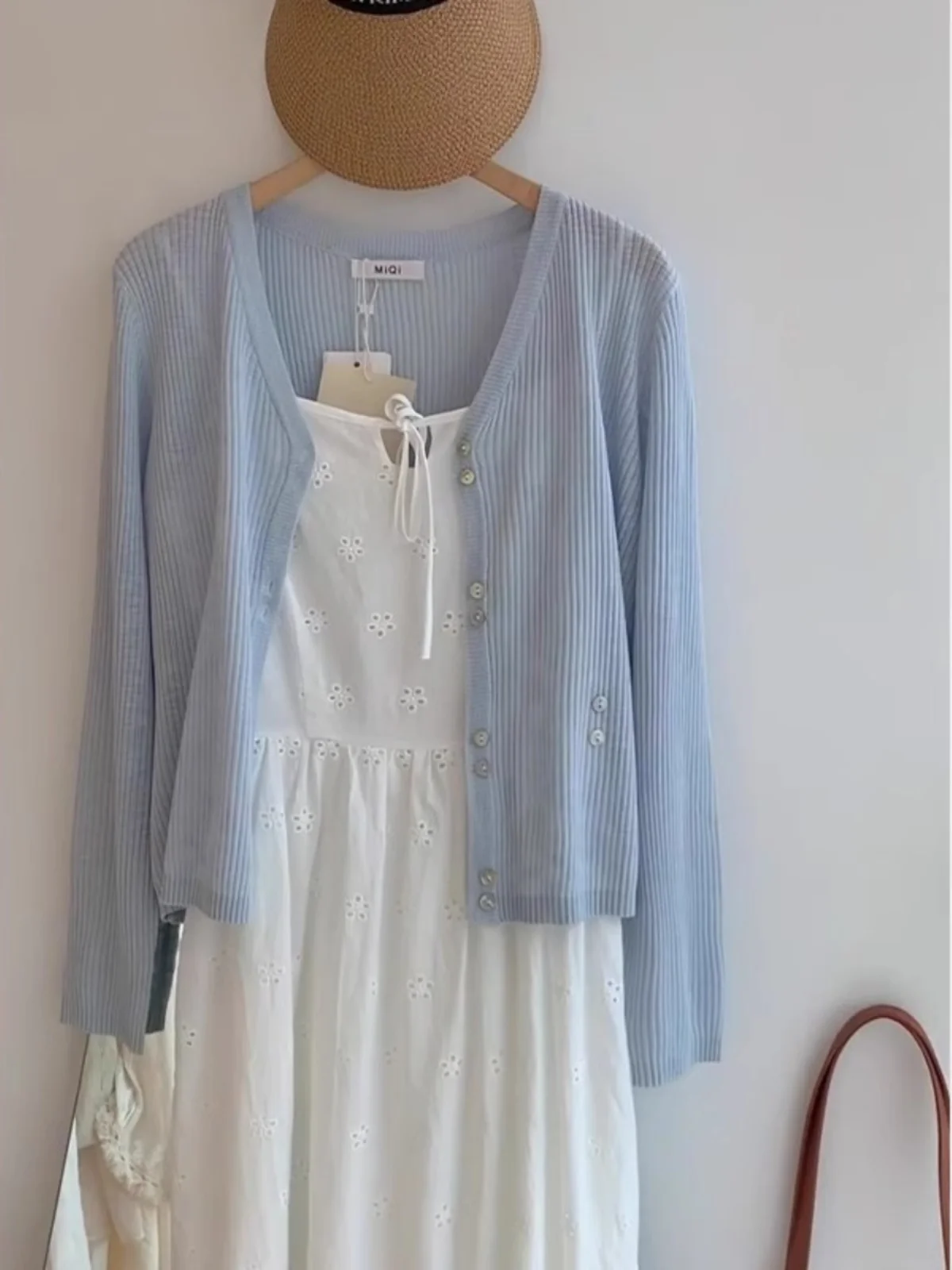 

Blue Ice Silk Sun Protection Lace Cardigan Women's Top with Strap Skirt Small Shawl Knitted Summer Outerwear Commute Style