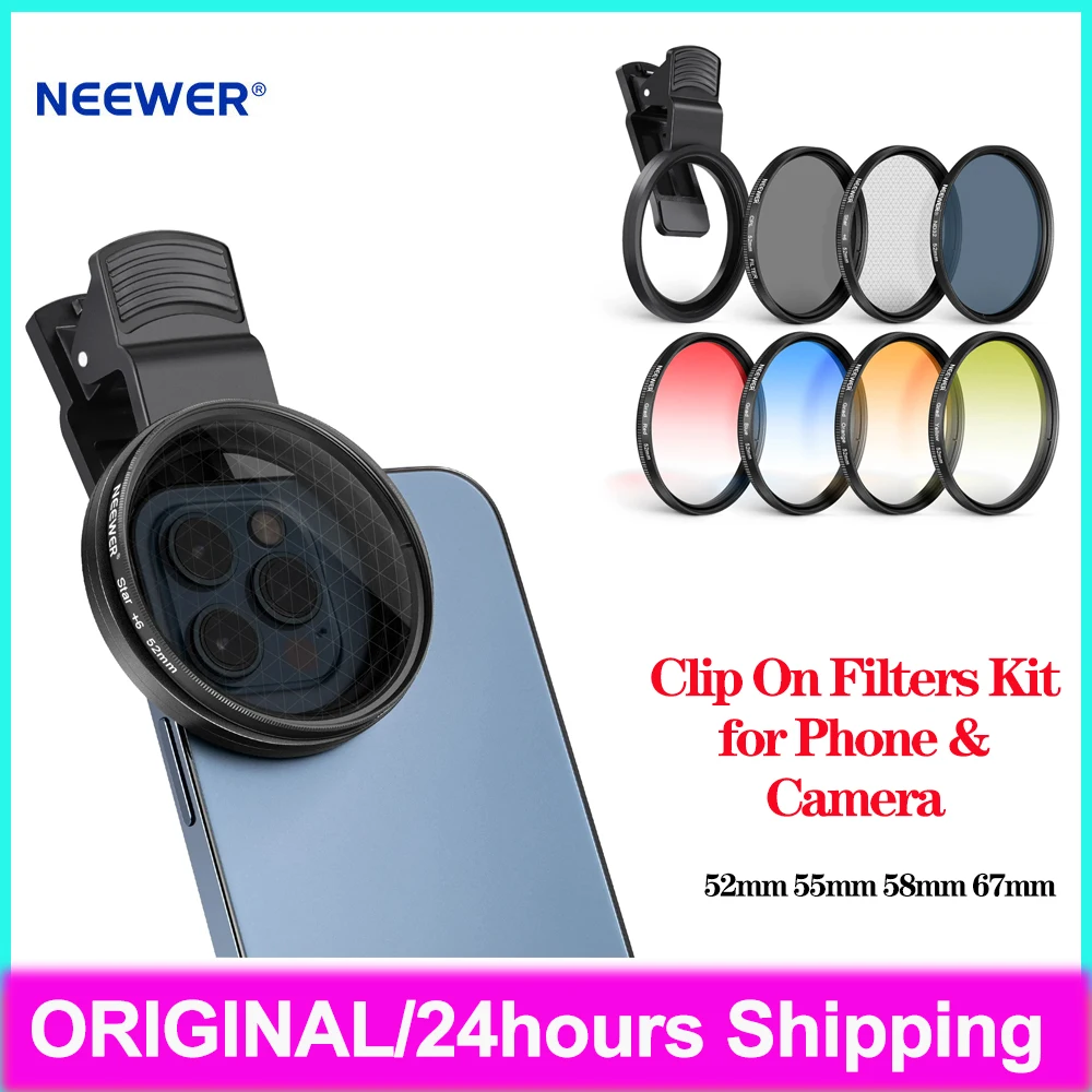 NEEWER 52mm 55mm 58mm 67mm Clip On Filter Kit CPL ND32 ND Lens Filter Star Graduated Color Filter for Cellphone Cameras iPhone