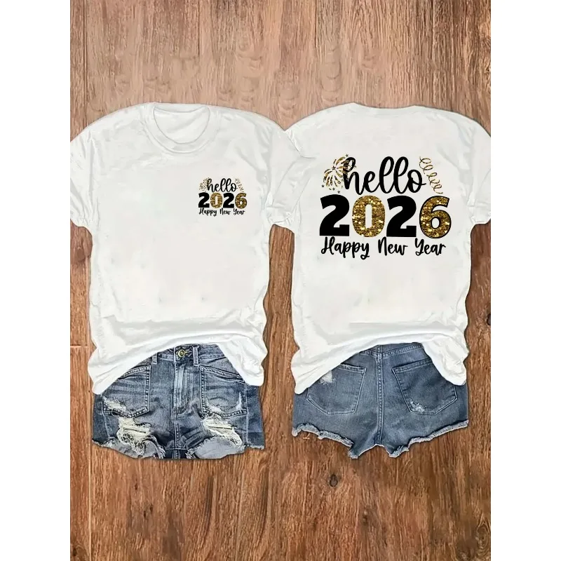 

Повседневная женская модная футболка с короткими рукавами и принтом спереди и сзади, 2026, с Новым годом, золотой блестящий топ с принтом и круглым вырезом