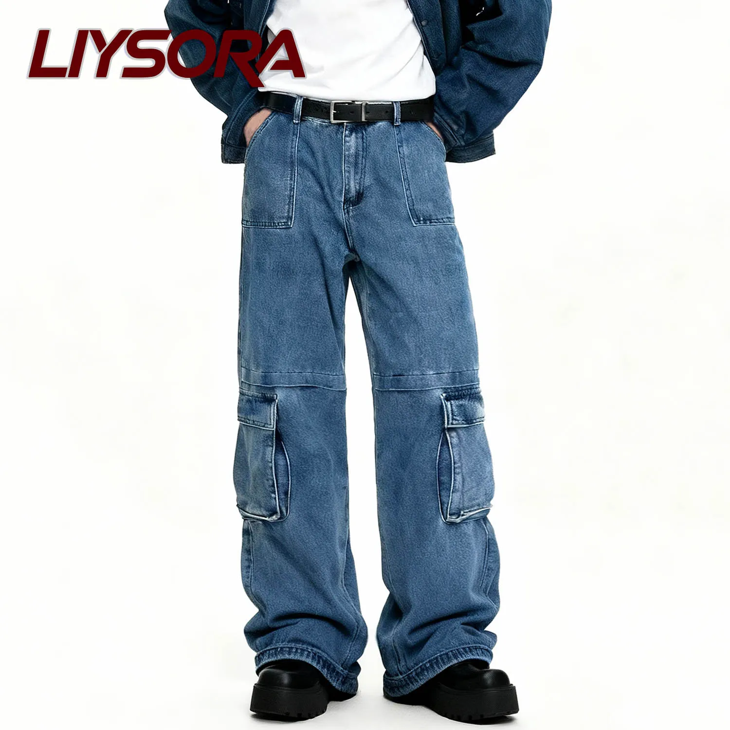 الرجال الأمريكية الأزرق الرجعية غسل فضفاض مستقيم الجينز الذكور متعدد جيب مستقيم أنبوب فضفاض ملابس العمل أربعة مواسم الدنيم السراويل #1