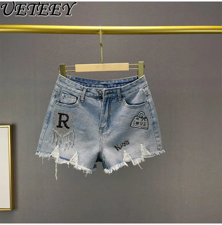 

Джинсовые шорты в европейском стиле с кисточками и стразами, женские модные летние новые утягивающие потертые шорты с высокой талией, шорты