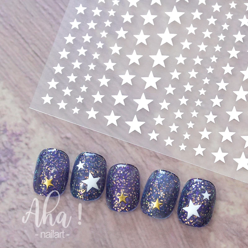 4pcs 3D Mixed Sizes Five-pointed Star Nail Art Stickers Gold Silver Black White Flashing Starburst Star Nail Decal Press On Nail