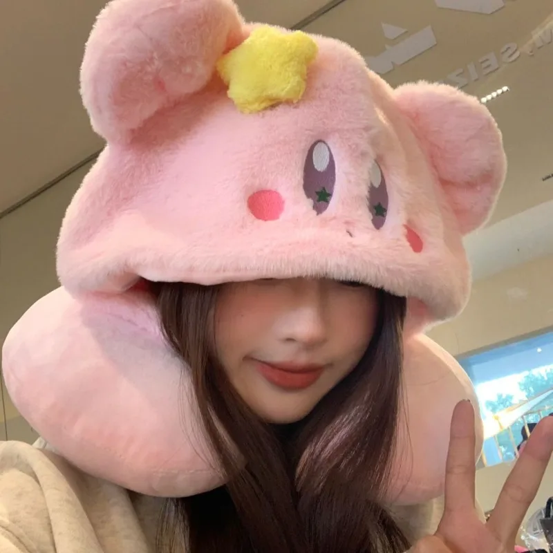 Kirby Headrest Anime Cartoon Printing Kawaii Hooded U-shaped Pillow Office Nap Artifact Traveling Portable Pillow Holiday Girls view 5