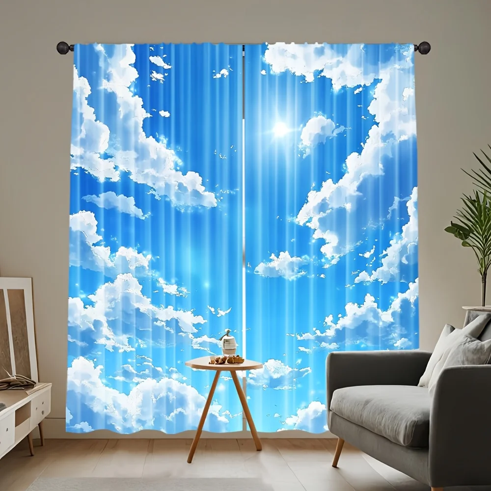 2pcs Blue Sky Curtains White Cloud Sunshine Print Drape Living Room Bedroom Window Treatment Bright Nature Home Decor Panels