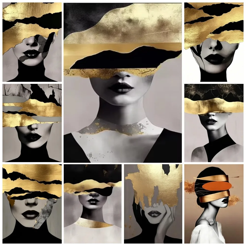 Gold Black Woman Portrait Poster Prints Abstract Modern Figure Woman Head Print Canvas Painting Wall Art For Room Home Decor
